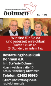 Banner des Bestattungshaus Dohmen in Heinsberg mit Kontaktdaten und Informationen zu Bestattungen, Beratung und Vorsorgeleistungen.