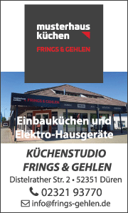 Banner mit Leistungsübersicht und Kontaktdaten der Frings, Gehlen & Co. GmbH für Küchen, Bad und Innenausbau in Düren.