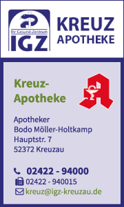 Banner der Kreuz Apotheke in Kreuzau mit Kontaktdaten, &Ouml;ffnungszeiten und Informationen zu pharmazeutischen Leistungen